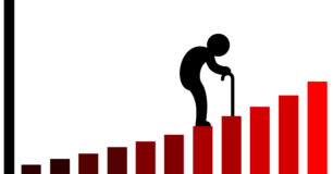 Vector image of graph with icon older person walking up the graph columns